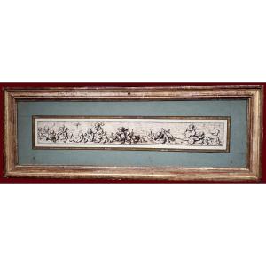 French School 18th Century "putti" Pen Drawing, Frame From Late 18th Century