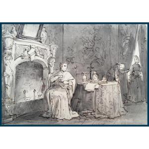 Granet François Marius (1775-1849) "a Prelate In His Interior" Drawing, Pen And Gray Wash