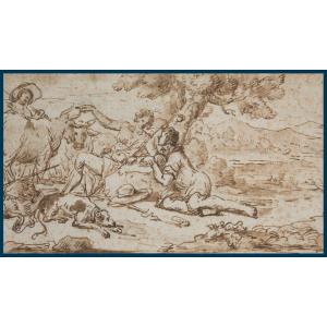 Italian School 17th Century "shepherds And Their Flock" Drawing/black Chalk, Pen And Brown Wash