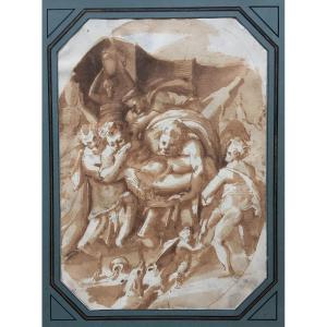 Italian School 16th Century "the Triumph Of Silenus" Drawing, Pen And Brown Wash