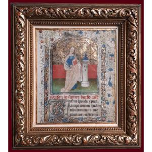 French School Late 15th Century "sainte Barbe" Illumination/gouache And Gold On Vellum, Late 19th Century Frame