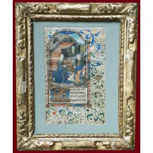 ECOLE FRANÇAISE VERS 1480 "Scène religieuse" Enluminure/Gouache et peinture dorée, Cadre du 18e
