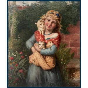 Corradi Konrad (1813-1888) "young Girl And Her Cats" Watercolor, Signed And Dated