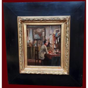 Damour Charles (1813-1890), Student Of Ingres "artist In His Dressing Room" Oil/panel, Signed, 19th Century Frame