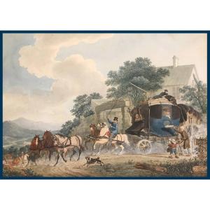 Sauerweid Alexandre Ivanowich (1783-1844) "the Carriage" Drawing/pen, Watercolor, Signed, Dated, Located