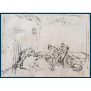 MILLET Jean-François (1814-1875) "On tue le cochon" Dessin/Crayon noir, Provenance, Provenance