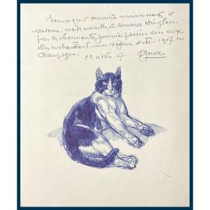 JOUVE Paul (1878-1973)"Un chat" Dessin/Encre, Signé et daté, Envoi/Hommage,Souvenir M. Hinglais