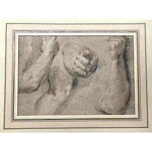 French School 18th Century "study Of Hands" Drawing In Black Chalk, Red Chalk And White Chalk