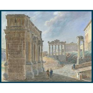 Vauzelle Jean Lubin (1776-1837) "ruins Of The Forum In Rome" Drawing/pen, Watercolor, Signed And Dated