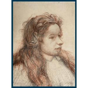 CHADWICK Francis Brook(1850-1943) Ecole Américaine "Jeune femme" Dessin au crayon noir,sanguine