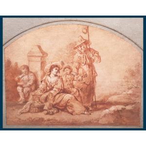 French School Late 17th Century "the Peasants" Drawing In Red Chalk Wash And Heightened With White