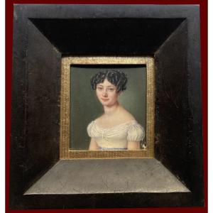 French School Early 19th "portrait Of Young Woman" Miniature, Gouache/ivory, Early 19th Frame