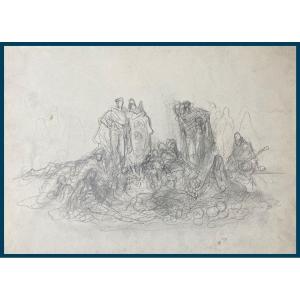 DORE Gustave (1832-1883) "Personnages" Dessin au crayon noir, Provenance