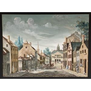 ECOLE ANGLAISE OU ECOLE AMÉRICAINE 19E "Scène de rue N°1" Gouache, Cadre 19e, Etiquette au dos