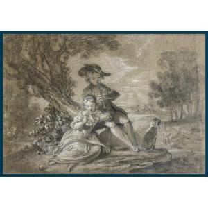 French School 18th Century "couple And Their Dog" Drawing In Black Chalk And White Chalk