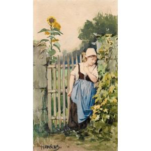 HAWKINS Louis Welden (1849-1910) "Femme et tournesol" Aquarelle, signé
