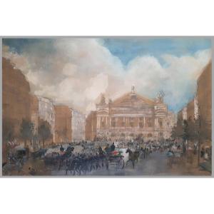 MORIN Edmond (1824-1882) "Palais Garnier Opéra Paris" Dessin/Crayon noir, aquarelle et gouache