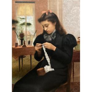 French School 19th Century "young Woman At Work" Oil On Canvas, Illegible Signature