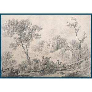 Pillement Jean (1728-1808) "animated Landscape" Drawing In Black Chalk, Signed