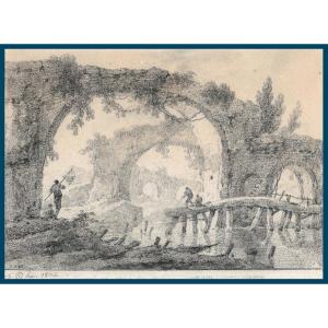 PILLEMENT Jean (1728-1808) "Paysage de ruines et pêcheurs" Dessin/Pierre noire, Monogrammé,daté