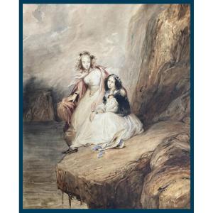 JOHANNOT Tony (1803-1852) "Minna et Brenda d'après "Le Pirate" de Walter Scott" Aquarelle,Cadre