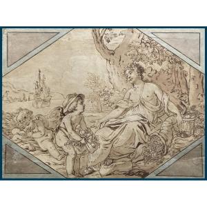French School Early 18th Century "allegory Of Abundance" Drawing In Pen And Brown Wash