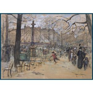 Garat Francis (1853-1914) "parisian Scene" Drawing In Black Pencil And Watercolor, Signed