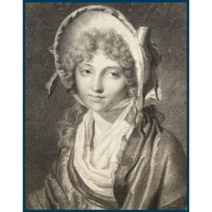 French School Circa 1800 "young Woman With A Hat" Drawing/black Pencil, Boilly Frame/cartouche