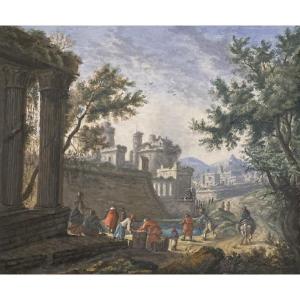 PERELLE Gabriel-Nicolas (1604-1677) Attr.à"Ruines antiques,personnages"Dessin/Aquarelle,gouache