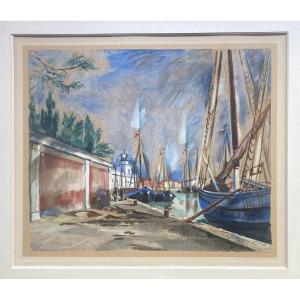 WAROQUIER DE Henry (1881-1970) "La Giudecca à Venise"Grand dessin/Aquarelle,gouache,Signé,situé