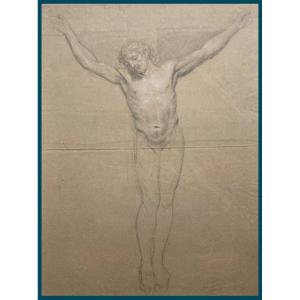 GIRARDET Jean (1709-1778) "Le Christ en Croix" Dessin à la pierre noire et craie blanche