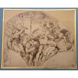 Italian School 16th Century "the Brazen Serpent After The Sistine Chapel" Pen Drawing