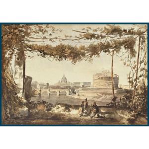 French School Circa 1830 "view Of Rome" Watercolor