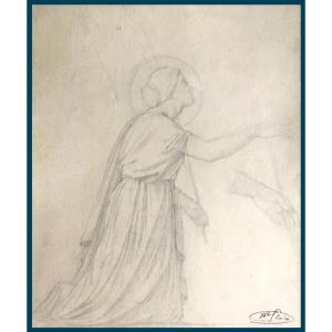 Flandrin Hippolyte (1809-1864) Pupil/ingres "kneeling Woman" Drawing/black Pencil, Signed/stamp