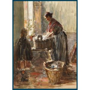 PARIS Edouard (Né en 1870) élève MERSON, école SUISSE "Femme lavant du linge" Huile/toile,Signé