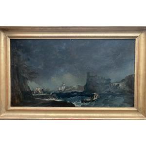 NOEL Alexandre Jean (1752-1834) "Marine nocturne" Huile sur papier marouflé sur toile,Cadre 19e