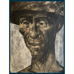 DELMOTTE Marcel (1901-1984) "Portrait d'homme" Dessin/Crayon noir,lavis d'encre,grattage, Signé