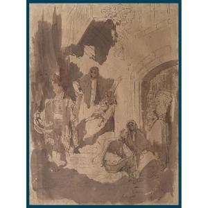 DORE Gustave (1832-1883) "Scène animée à Valence,Espagne" Dessin/Plume,lavis brun, Signé, Situé