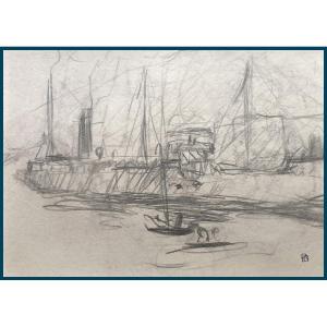 Bonnard Pierre (1867-1947) "boats In Port"drawing/black Pencil,signed/monogram Stamp,18th Frame