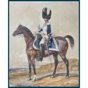 LAMI Eugène (1800-1890)"Officier 1er Régiment Grenadiers à cheval Garde Royale" Aquarelle,Signé
