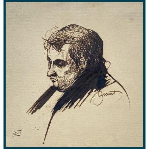 GRANET François Marius (1775-1849)"Tête d'homme"Dessin/Plume,lavis brun,Signé,Provenance,Cachet
