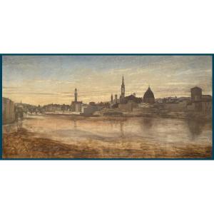 MARILHAT Prosper (1811-1847) Attribué à "Vue de Florence, Italie" Huile sur toile, Cadre 19e
