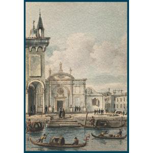 Nicolle Victor-jean (1754-1826) "view Of Ste Mary Of Mercy In Venice" Watercolor, Located