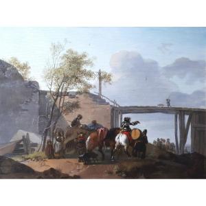 Hamon Duplessis Michel (active 18th Century) "animated Landscape With Riders" Oil/panel, Signed