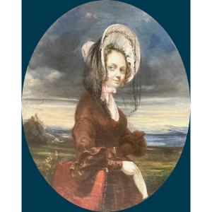 ECOLE FRANCAISE VERS 1830 "Femme au chapeau" Huile sur toile, Cadre du 19e