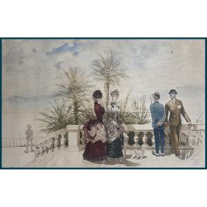 French School 19th Century "characters In Monte-carlo, Monaco" Watercolor, Dated And Located