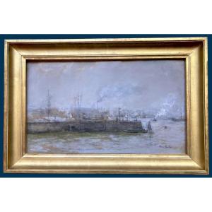 TEN CATE (1858-1908) "Scène de port" Pastel, Signé, Cadre fin 19e