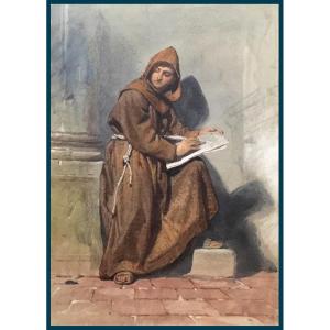 Haag Carl (1820-1915) German School "the Monk & The Mouse" Watercolor, Located "roma" Dated, Signed