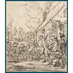 Parrocel Charles (1688-1752) "village Festival" Drawing In Pen And Gray Wash, Signed