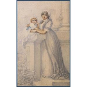 COSWAY Richard (1742-1821) ECOLE ANGLAISE "Princesse Caroline de Galles et sa fille" Aquarelle